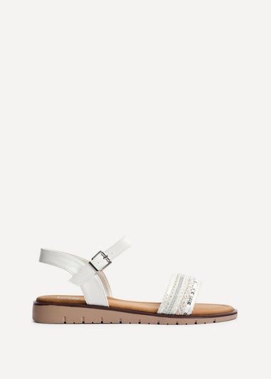 Linzi Halo White Weaved Embellished Flat Sandals