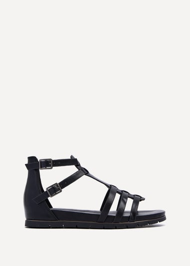 Linzi Tour Black Faux Leather Gladiator Style T Bar Sandals