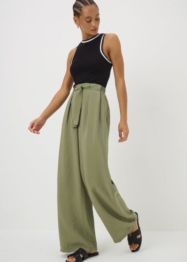 Khaki Tie Waist Wide Leg Trousers
