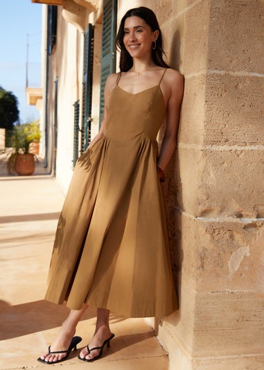 Threadbare Brown V Neck Fit & Flare Midi Dress