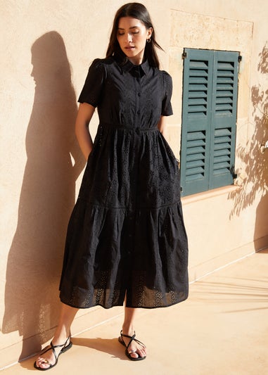 Threadbare Black Short Sleeve Collared Broderie Maxi Shirt Dress