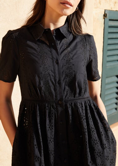 Threadbare Black Short Sleeve Collared Broderie Maxi Shirt Dress