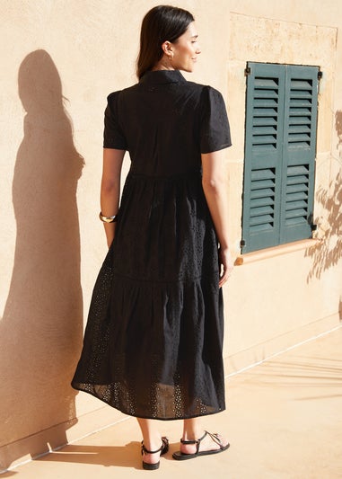 Threadbare Black Short Sleeve Collared Broderie Maxi Shirt Dress