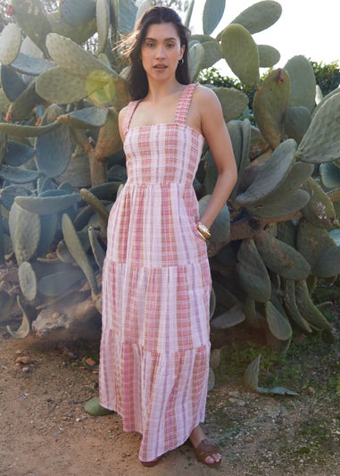 Threadbare Pink Check Shirred Guaze Tiered Midi Dress