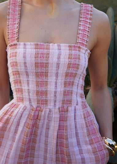 Threadbare Pink Check Shirred Guaze Tiered Midi Dress