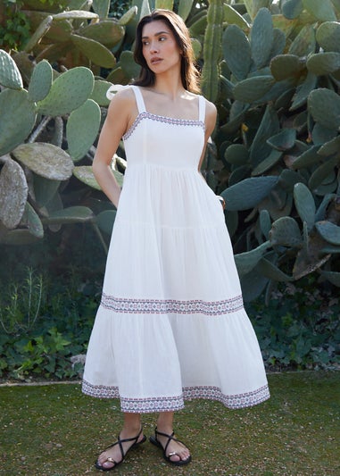 Threadbare Cream Embroidered Tiered Maxi Dress