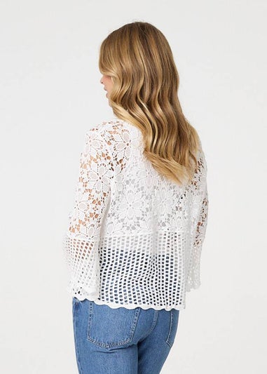 Izabel London White Semi Sheer Crochet 3/4 Sleeve Crop Top