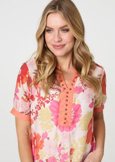 Izabel London Orange Floral Short Sleeve Stud Trim Blouse