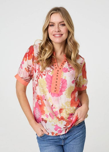 Izabel London Orange Floral Short Sleeve Stud Trim Blouse