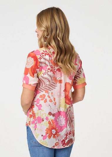 Izabel London Orange Floral Short Sleeve Stud Trim Blouse