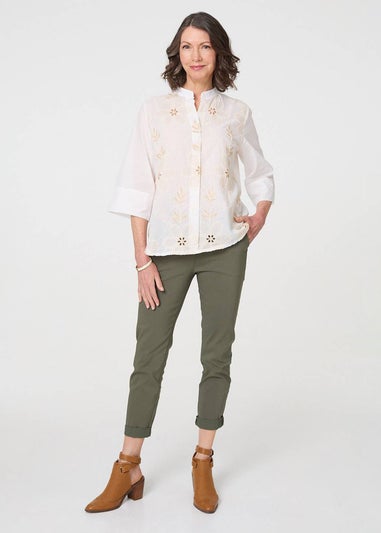 Izabel London White Floral Embroidered Texture V Neck Blouse