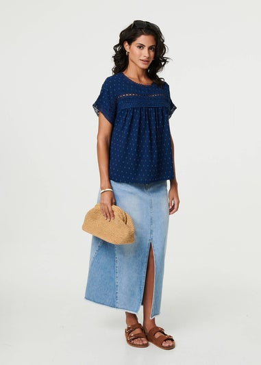 Izabel London Navy Lace Trim Short Sleeve Button Back Blouse
