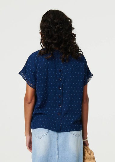 Izabel London Navy Lace Trim Short Sleeve Button Back Blouse