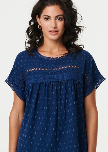 Izabel London Navy Lace Trim Short Sleeve Button Back Blouse
