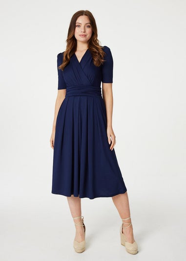 Izabel London Navy Ruched Waist Jersey Wrap Dress