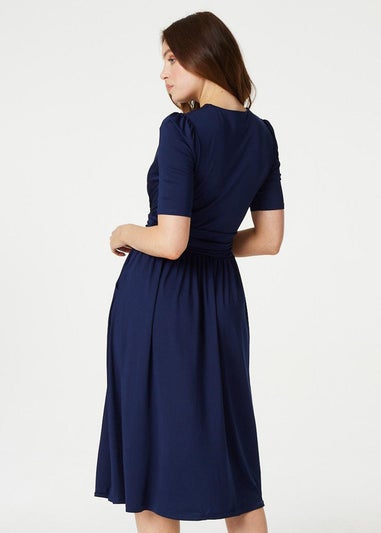 Izabel London Navy Ruched Waist Jersey Wrap Dress