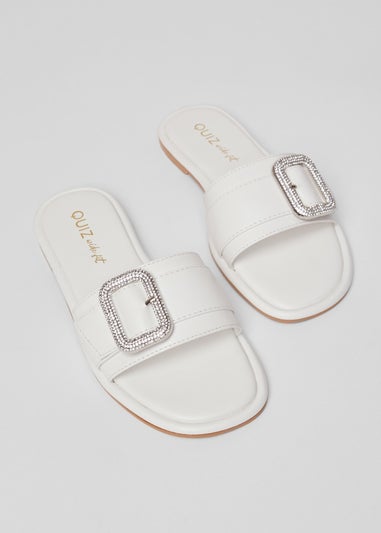 Quiz White Wide Fit Diamante Buckle Sandals