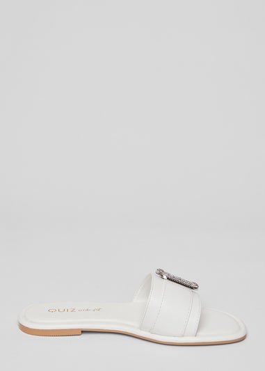 Quiz White Wide Fit Diamante Buckle Sandals