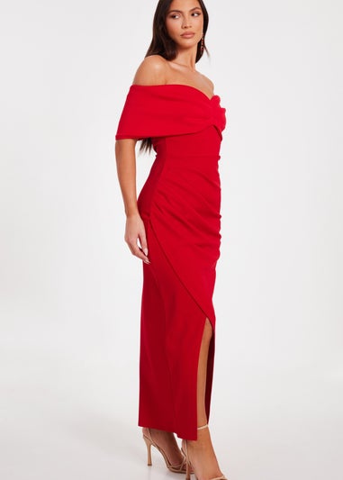 Quiz Red Petite Bardot Front Wrap Maxi Dress