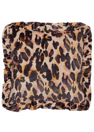 Furn Leopard Ruffle Printed Velvet Ruffle Multi Cushion (45 x 45 x 8 cm)