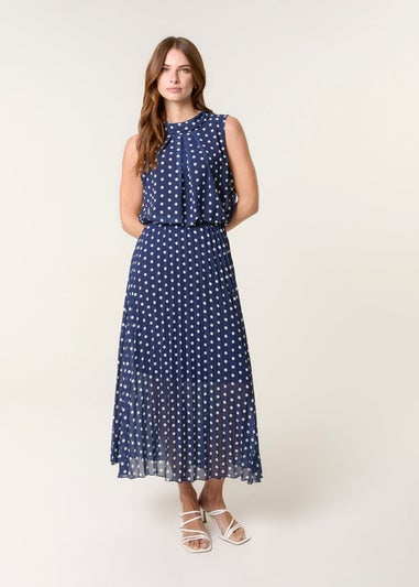 Blue Vanilla Navy Polka Dot Sleeveless Cowl Pleat Dress