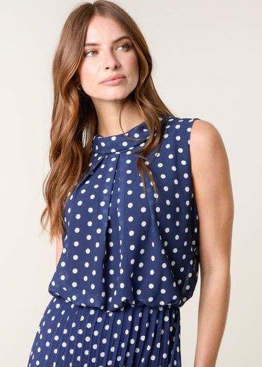 Blue Vanilla Navy Polka Dot Sleeveless Cowl Pleat Dress