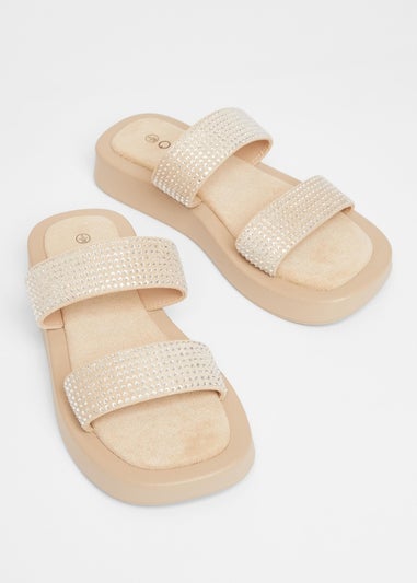 Quiz Natural Diamante Flatform Sandals