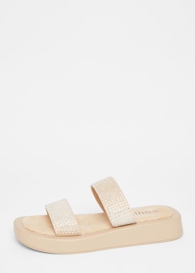 Quiz Natural Diamante Flatform Sandals