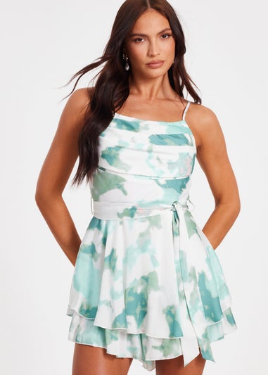 Quiz Green Satin Marble Print Playsuit
