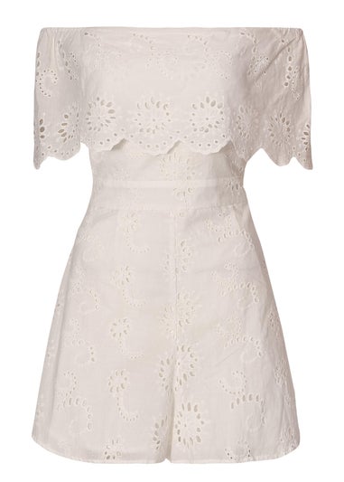 Quiz White Embroidered Bardot Playsuit
