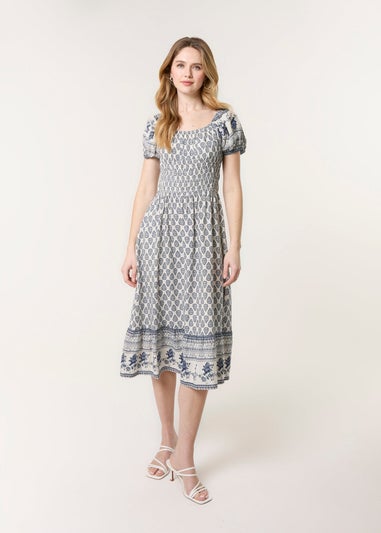 Blue Vanilla Navy Border Print Puff Sleeve Midi Dress