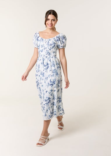 Blue Vanilla Blue Puff Sleeve Shirred Print Dress
