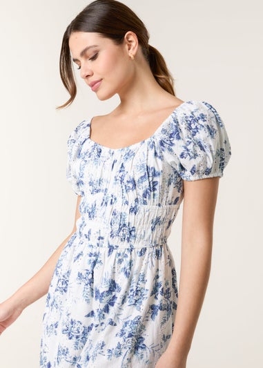 Blue Vanilla Blue Puff Sleeve Shirred Print Dress