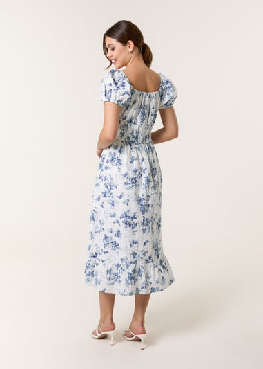 Blue Vanilla Blue Puff Sleeve Shirred Print Dress