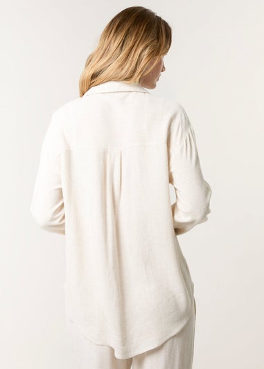 Blue Vanilla Cream Linen Flower Embroidery Blouse