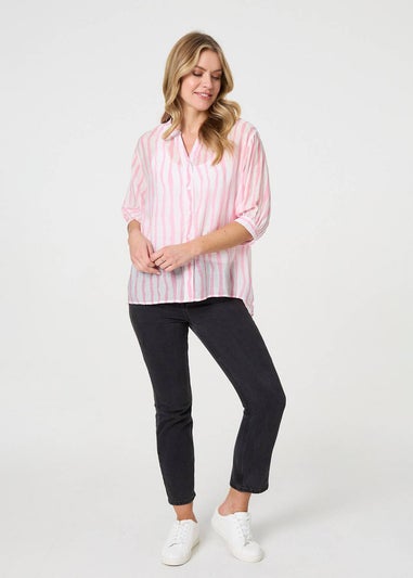 Izabel London Pink Striped Sheer 3/4 Sleeve Relaxed Shirt