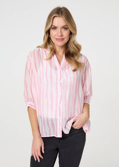 Izabel London Pink Striped Sheer 3/4 Sleeve Relaxed Shirt