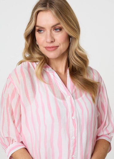 Izabel London Pink Striped Sheer 3/4 Sleeve Relaxed Shirt