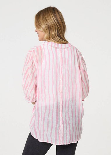 Izabel London Pink Striped Sheer 3/4 Sleeve Relaxed Shirt