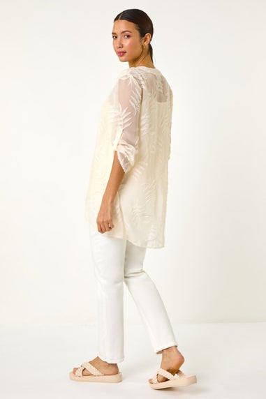 Roman Ivory Leaf Print Burnout Wrap Tunic Top