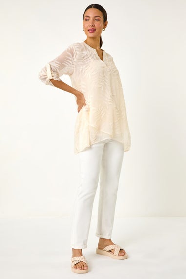 Roman Ivory Leaf Print Burnout Wrap Tunic Top