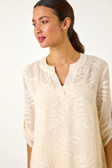 Roman Ivory Leaf Print Burnout Wrap Tunic Top