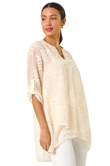 Roman Ivory Leaf Print Burnout Wrap Tunic Top