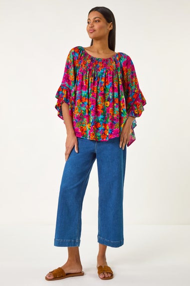 Roman Orange Floral Print Bardot Top