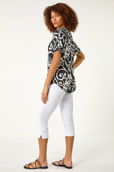 Roman Black Textured Print Zip Detail Top