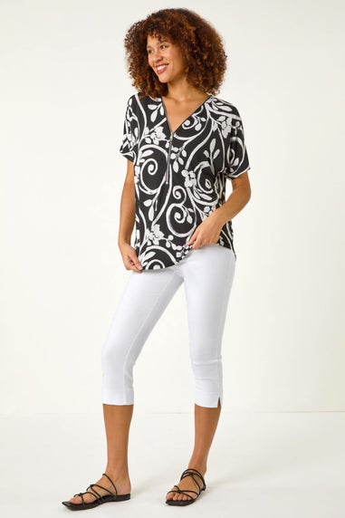 Roman Black Textured Print Zip Detail Top