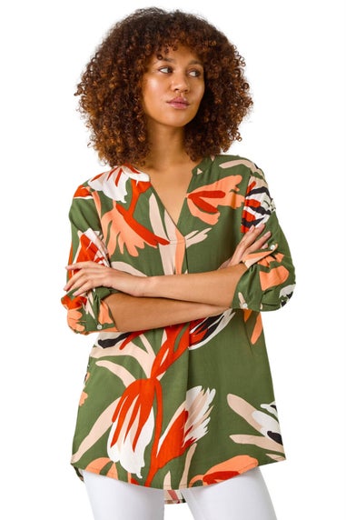 Roman Khaki Abstract Print Pleat Detail Top