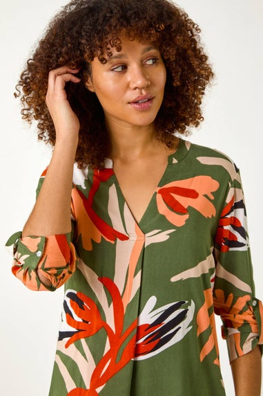 Roman Khaki Abstract Print Pleat Detail Top