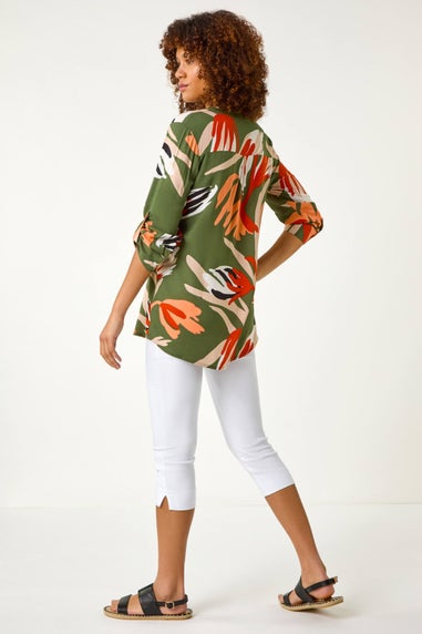 Roman Khaki Abstract Print Pleat Detail Top