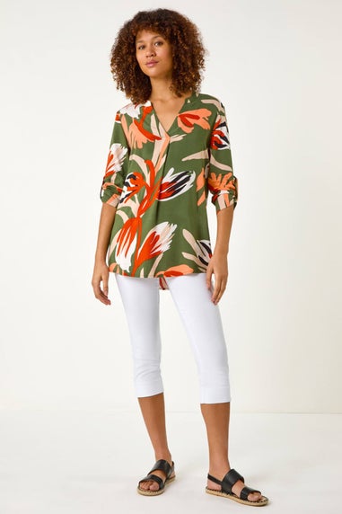Roman Khaki Abstract Print Pleat Detail Top